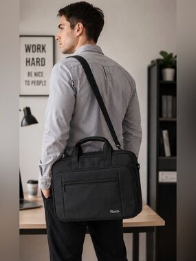 Mancro Black Laptop Briefcase Messenger Bag Multi Compartment